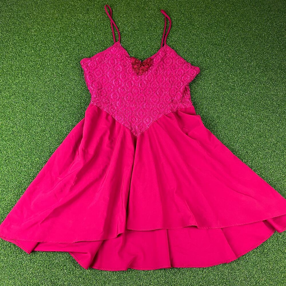 Vintage Val Mode Lingerie Fuchsia Lace Trim Babydoll Slip Dress Sz S
